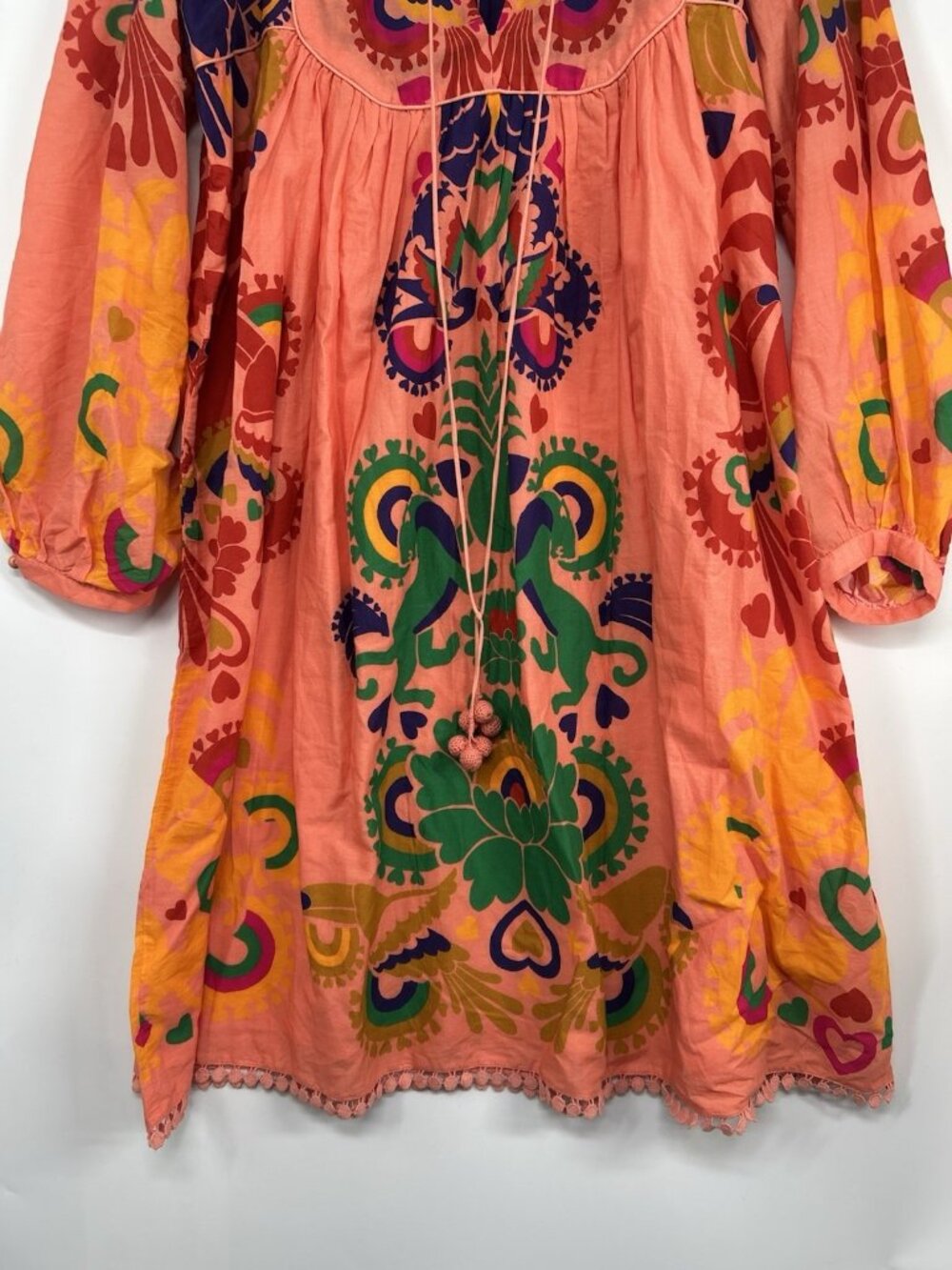 Farm Rio Peach Amulet Midi-Dress Women’s Medium Lace-Trim Cotton Tropical - Picture 2 of 6
